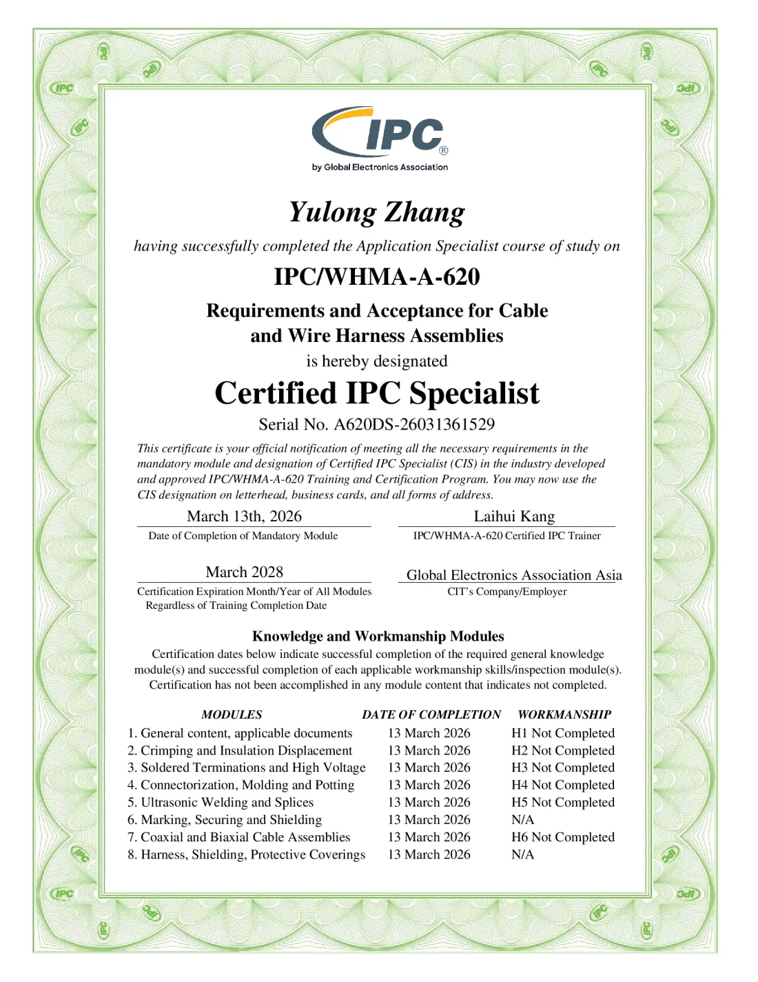 IPC/WHMA-A-620 Certified IPC Specialist Certificate